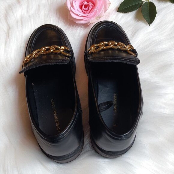 Streetwear Society Black Chunky Loafers Gold Chain Slip-On Lug  Heels Size 7 - Picture 5 of 12